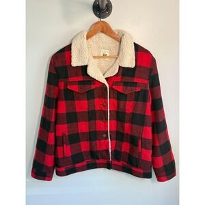 Billabong Womens Red Black Buffalo Plaid Sherpa Lined Trucker Jacket Size Medium